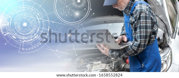 Car mechanic using laptop for checking car engine;\
panoramic banner