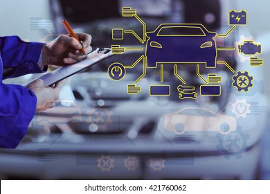 Car mechanics against close up of a man writing on a clipboard - Powered by Shutterstock