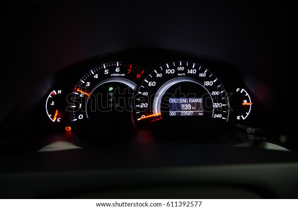 Car meter, Speedometer in car, fuel, black\
background, auto.Selective\
focus.