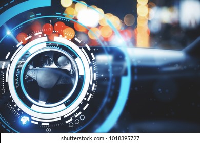 Car With Modern Digital Interface On Bokeh Background. Transport And Future Concept. Double Exposure 