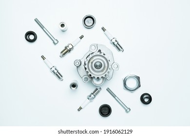 Car Motor Parts. Auto Motor Mechanic Spare Or Automotive Piece On White Background. Set Of New Metal Car Part. Flat Lay, Top View, Copy Space