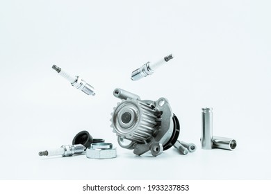 Car Motor Parts. Auto Motor Mechanic Spare Or Automotive Piece On White Background. Set Of New Metal Car Part. Repair And Vehicle Service