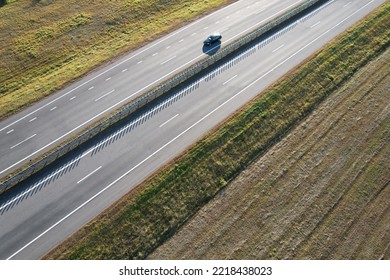 Car Move On Empty Highway Aerial Drone View