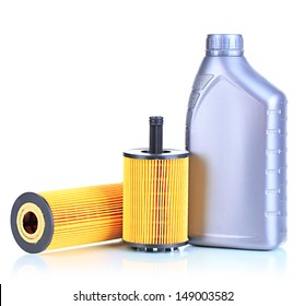 Car Oil Filters And Motor Oil Can Isolated On White