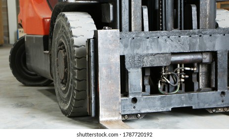 Car -Old Forklift, Forklift, Stacker Truck, Warehouse Forklift. Old Car Under Repair In The Garage.