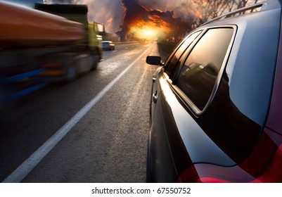 The Car On The Highway. Sunset