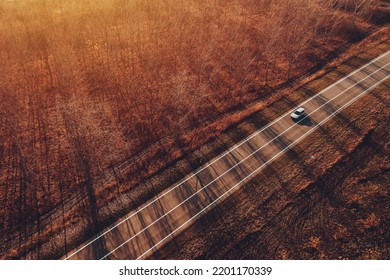 Car On The Road From Above, Drone Photography Of Single White Vehicle Driving Down Roadway Through Woodland In Autumn Sunset