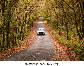 Car On A Road In The Forest In Autumn.