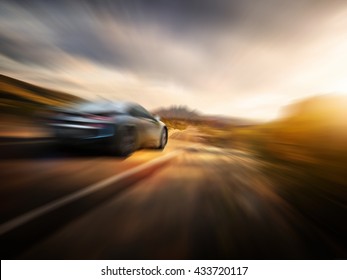 Car On The Road With The Zoom Motion Blur Background