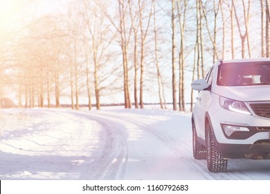 Car On A Winter Snow Road