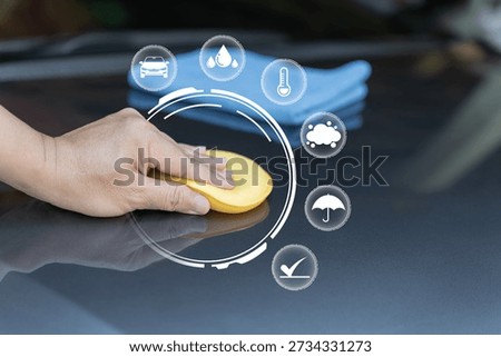 Car Paint Basic Protection Concept, Close Up Hand a Man Applying Wax with Sponge, Automotive Surface Care, DIY Car Detailing, Protecting Vehicle Paint from Dust, Rain and Environmental Damage