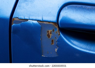 Car Paint Decay, Paint Fading Due To Parked Cars In The Sun, Paint Cracked With Scratches, Old Car Paint, Rusty Car Body.