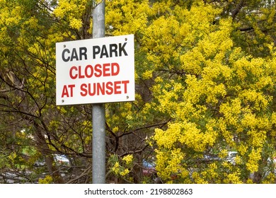 Car Park Closed At Sunset Road Sign In The Park With Yellow Wattle Background