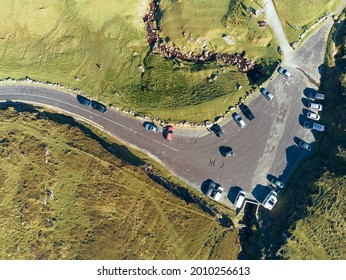 Car Park At Keem Beach, Near Keel Town, County Mayo, Ireland. Top Down Aerial View. Warm Sunny Day. Travel And Holiday Concept