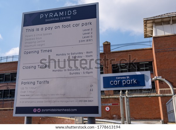 Car park sign at entrance to\
Pyramids Shopping Centre cark park Birkenhead Wirral March\
2020