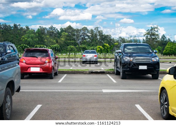 Car parked in asphalt parking lot and empty\
space parking  in nature with trees, beautiful cloudy sky and\
mountain background .Outdoor parking lot with fresh ozone and green\
environment concept\
