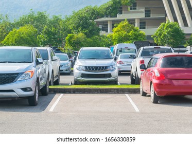 Car Parked In Asphalt Parking Lot And One Empty Space Parking  In Nature With Trees And Mountain Background .Outdoor Parking Lot With Fresh Ozone And Green Environment Concept
