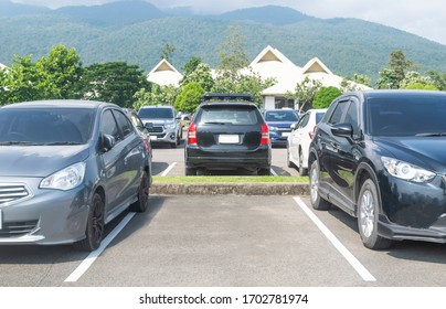 Car Parked In Asphalt Parking Lot And One Empty Space Parking  In Nature With Trees Mountain And Hall Building Background. Outdoor Parking Lot With Fresh Ozone And Green Environment Concept
