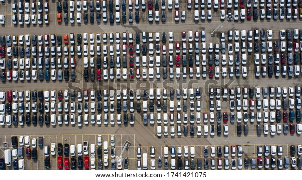 Car parked in harbour in Malmö waiting to be\
sold at retailers