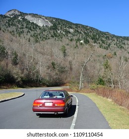 Car Parked On The Blue Ridge Parkway In Front Of Mountain