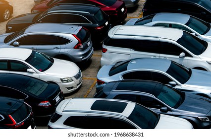 Car Parked At Parking Lot Of The Airport For Rental. Aerial View Of Car Parking Lot Of The Airport. Used Luxury Car For Sale And Rental Service. Automobile Parking Space. Car Dealership Concept.