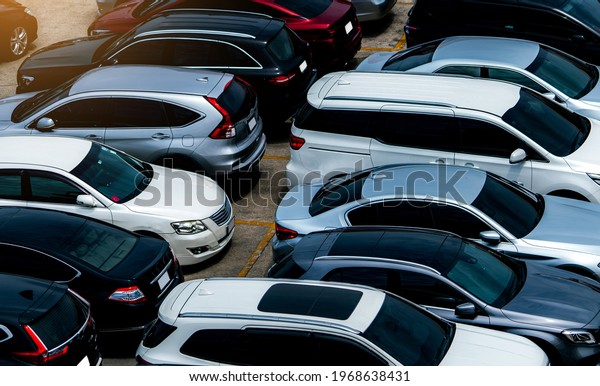 Car parked at parking lot of the airport for\
rental. Aerial view of car parking lot of the airport. Used luxury\
car for sale and rental service. Automobile parking space. Car\
dealership concept.