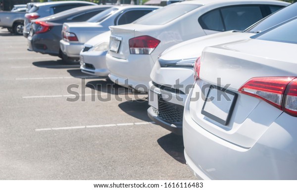 Car\
parking in asphalt parking lot in a row, front of  cars close up,\
automobile transportation dealer business\
concept\
