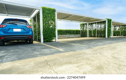 Car parking lot with empty space. Parking zone on sunny summer day and empty space. Rearview of blue SUV car parked at outdoor car parking lot with green hedge fence. Eco-friendly outdoor parking lot. - Powered by Shutterstock