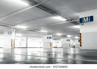 Car Parking Lot Floor Area Of Shopping Mall, Perspective View Empty Of Car Park Structure Building At Department Store. Auto Service Parking Lots Flooring