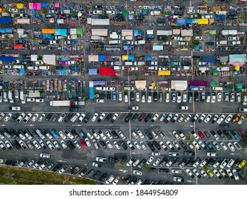 Car Parking Lot View From Above, Aerial View At Ninja Night Market Chonburi. Top View Parking In Thailand.