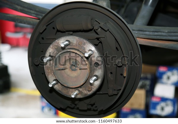 Car Parts. Car Repair. Used car parts isolated on white.\
brake replace. 
