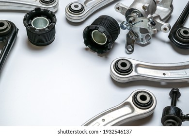 Car parts. Set of new metal car part. Auto motor mechanic spare or automotive piece isolated on white background. Technology of mechanical gear