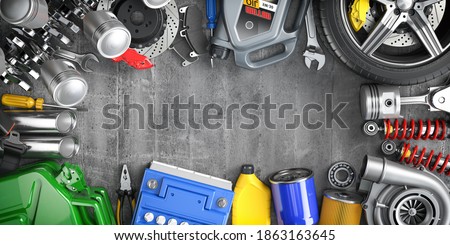 Car parts, spares and accesoires. Auto service and car repair workshop concept. 3d illustration Foto stock © 