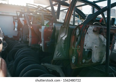 Car Parts And Tires On Junkyard, Nobody