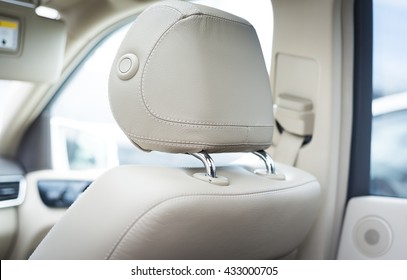 Car Passenger Leather Seat. Interior Detail. View From Behind