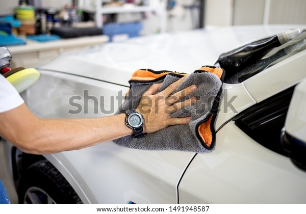 Car polishing\
details in workshop stock\
photo