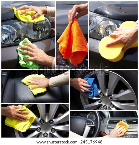 Car polishing. Hand of woman cleaning vehicle