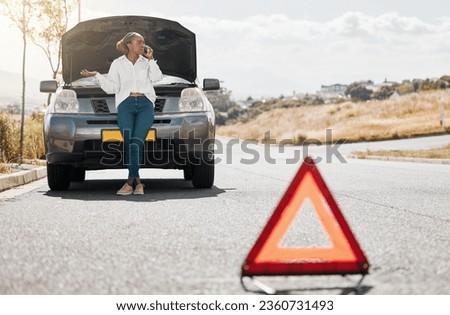 Car problem, stop sign or driver on a phone call frustrated by engine crisis or accident on road or street. Transport fail, stress or angry black woman talking by a stuck motor vehicle in emergency