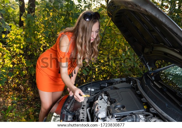Car\
problems. The woman checks the engine oil\
level.