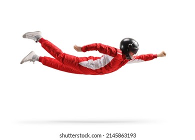 Car Racer In A Red Suit And Black Helmet Flying Isolated On White Background