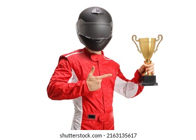 Car racer winner with a black helmet holding a gold trophy cup and pointing at it isolated on white background