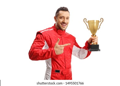 Car Racer Winner Holding A Gold Trophy Cup And Pointing At It Isolated On White Background