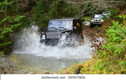 Car Racing With Creek On Way. Extreme Driving, Competition And 4x4 Vehicles Concept. Offroad Race In Forest. SUV Or Offroad Cars Crossing Water Stream