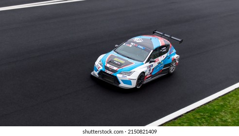 Car Racing On Racetrack High Angle View, Cupra TCR Touring. Vallelunga, Italy, November 28 2021, Race Weekend