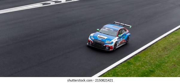 Car Racing On Racetrack High Angle View, Audi RS3 Touring. Vallelunga, Italy, November 28 2021, Race Weekend