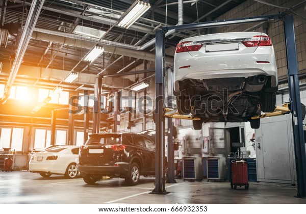 Car Raised On Car Lift Autoservice Stock Photo Edit Now 666932353