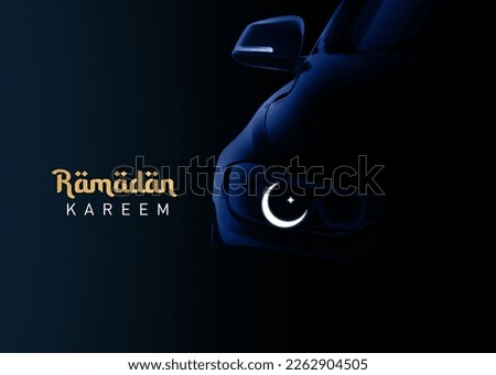 Car Ramadan Concept Background. Automobile businesses Ramadan concept greetings card illustration or social media content. Eid moon on car headlight 