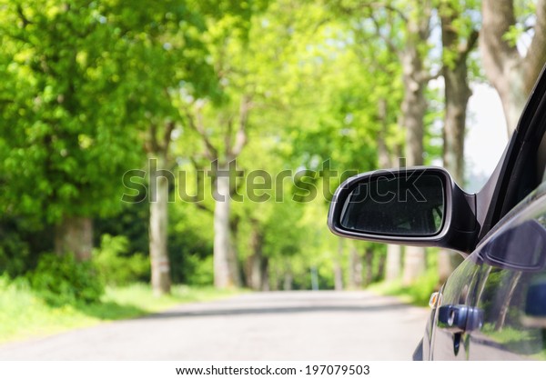 Car and rear view\
mirror on the road 