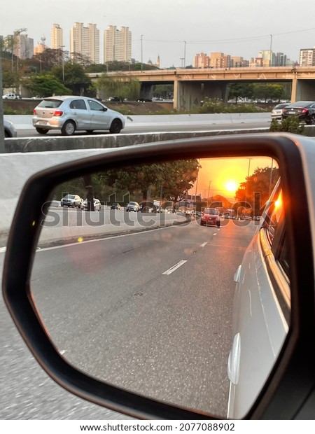 Car rear view sunset\
landscape