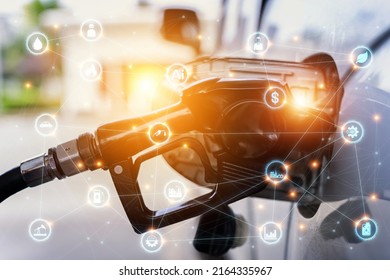 Car refilling fuel or gas at gas station with Symbolic industry icons and refinery. Refuel the car at the gas station at the gas station. Double exposure - Shutterstock ID 2164335967